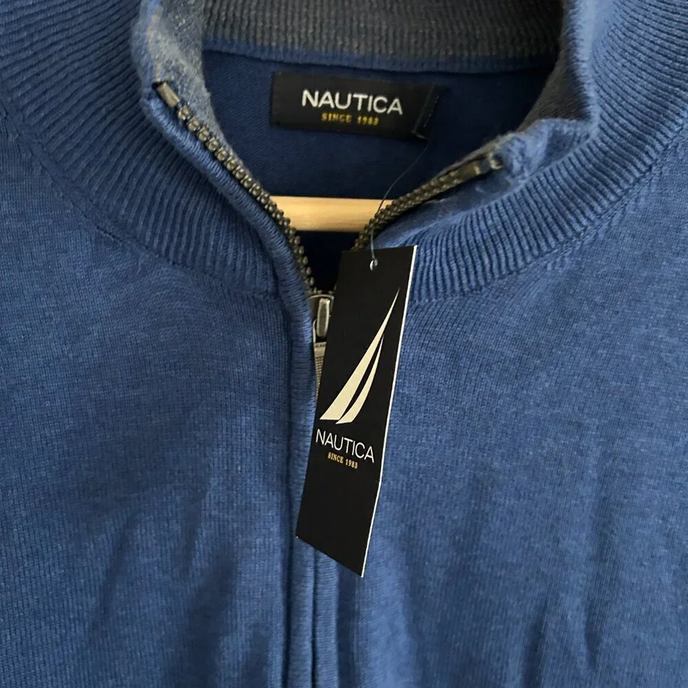 NWT Nautica Sweater Blue 1/4 Zip Cotton Mock Neck Classic Preppy